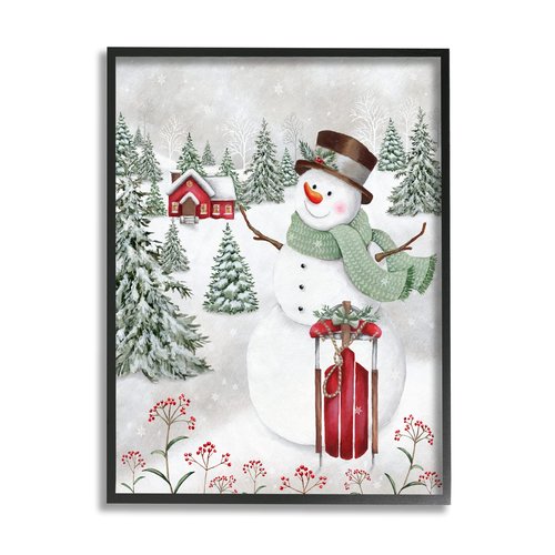 Stupell Industries Cheerful Snowman Red Sleigh Sled Holly Botanicals, Design by Emma Leach