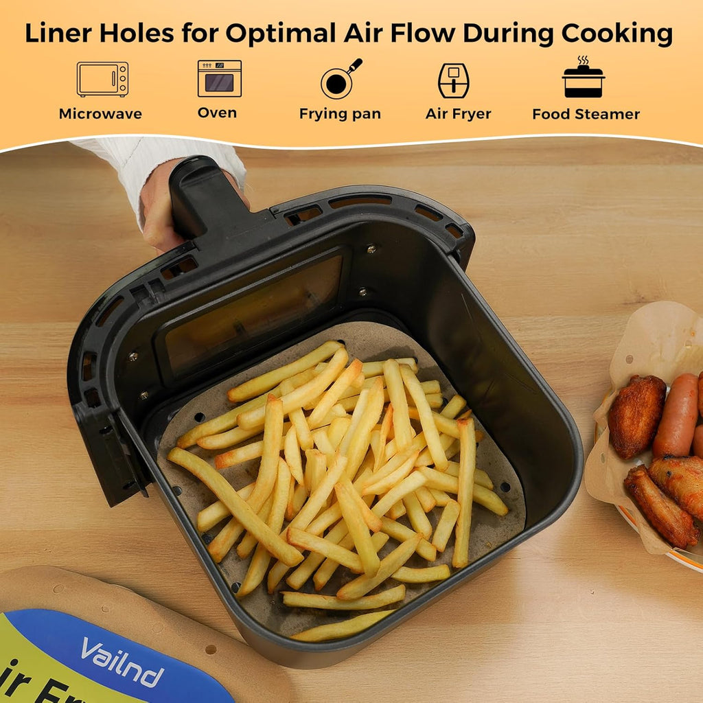 Vailnd Air Fryer Liners - Disposable Unbleached Parchment Paper Sheets | 100 Pcs, 8.5 In Square for 5-8 Qt Air Fryers