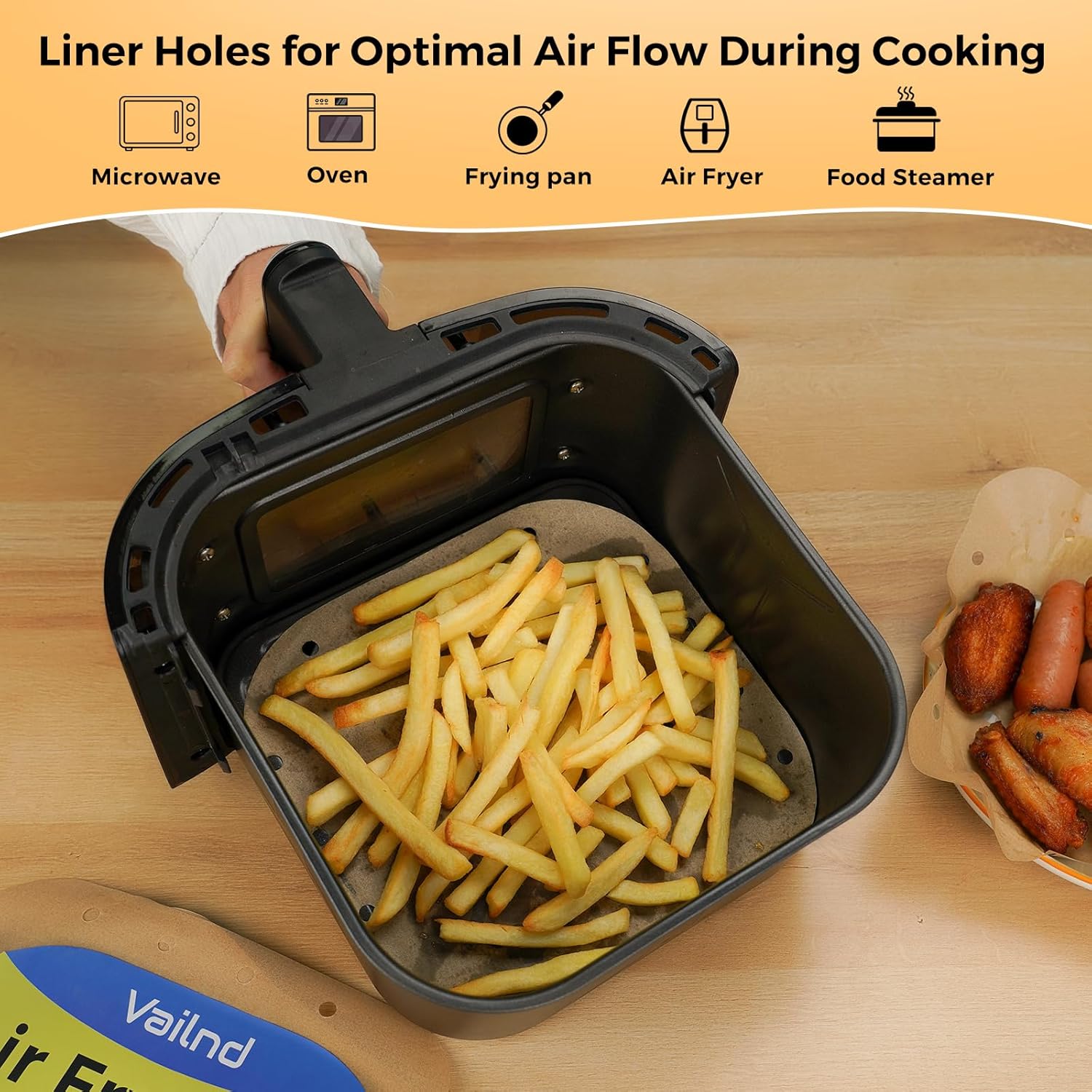 Vailnd Air Fryer Liners - Disposable Unbleached Parchment Paper Sheets | 100 Pcs, 8.5 In Square for 5-8 Qt Air Fryers