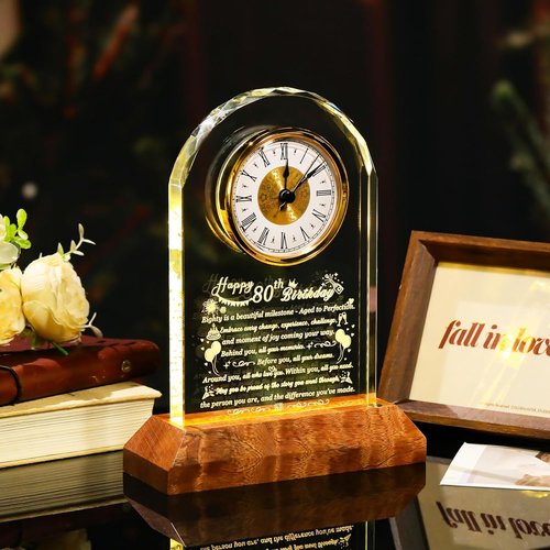 Arikyrist 80th Birthday Glass Clock - Unique Keepsake Gift for Men & Women with Wooden Light Base