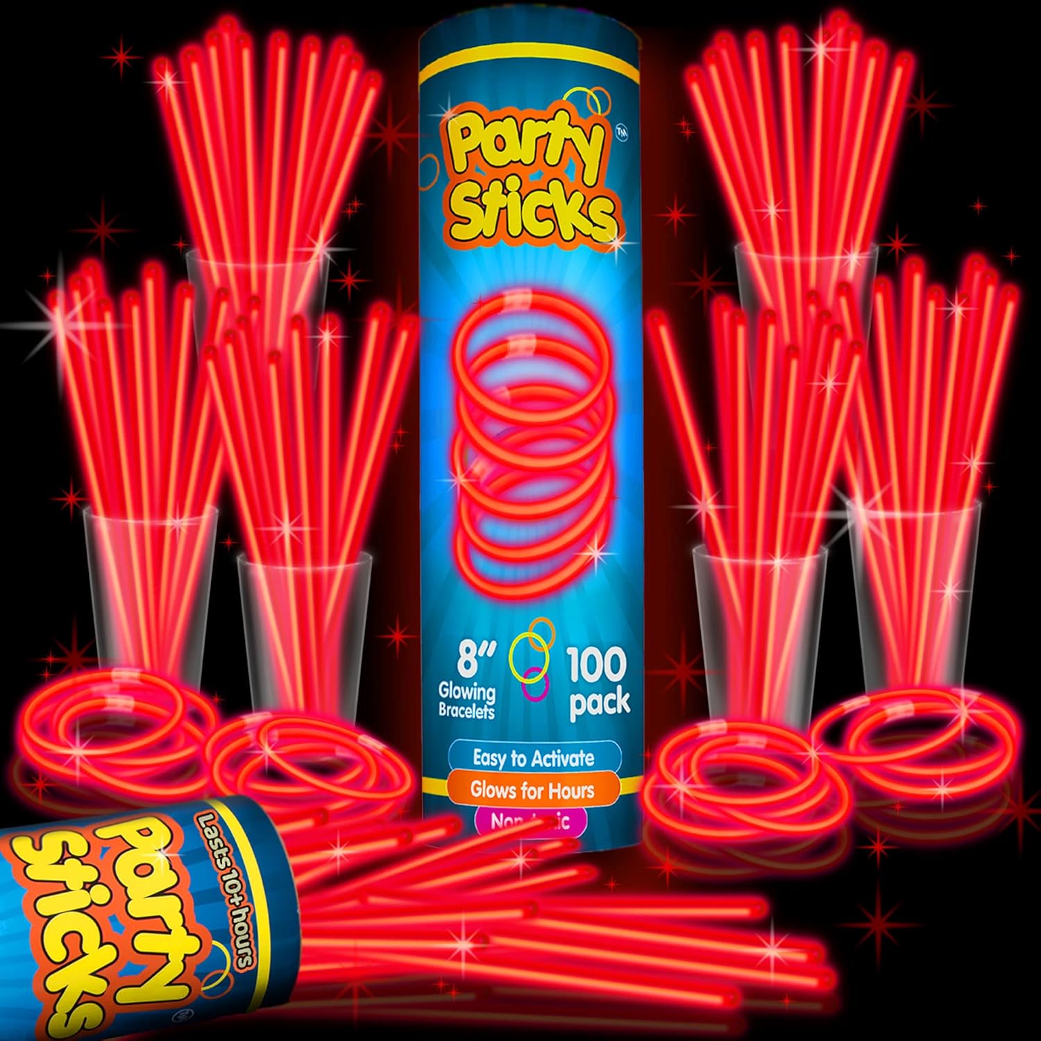 PartySticks Red Glow Sticks - 100 Pack | 8 Inch Glow in The Dark Light-Up Party Favors & Decorations