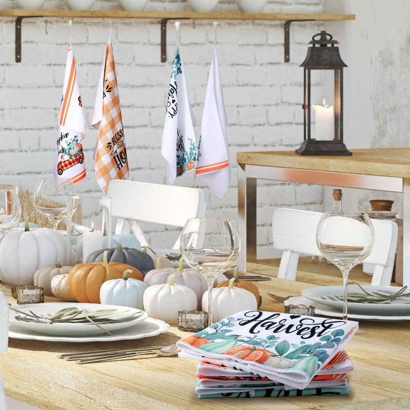 Kajaia 6 Pcs Thanksgiving Kitchen Towels Set Fall Hand Towels Absorbent Buffalo Plaid Autumn Pumpkin Truck Eucalyptus Leaves Decorative Tea Dishcloths for Bathroom Home Farmhouse Decor Harvest Gifts