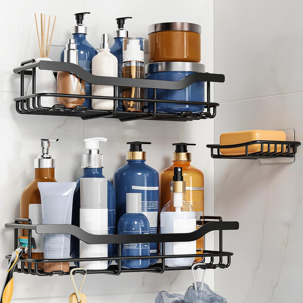 OMAIRA Shower Caddy - 3-Pack Adhesive Rustproof Organizer with Soap Holder for Smooth Walls | Black (X-Large)