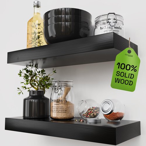 BAOBAB WORKSHOP Wood Floating Shelves for Bathroom Wall - Black Shelf 16 inch - Solid Wood Shelves for Wall for Bedroom Kitchen Living Room - Black Floating Shelves - 16 x 6.7 Inch, Set of 2