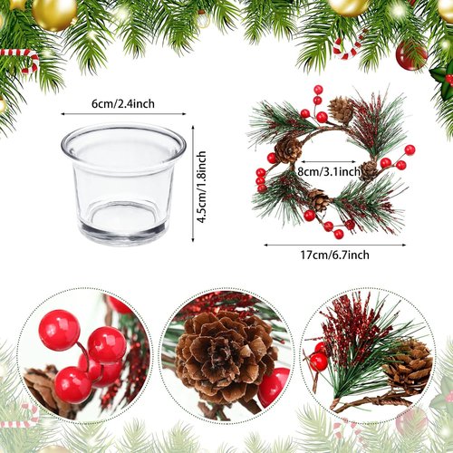 Dingion Christmas Candle Rings Set - 8 Pieces with Berry & Pinecone Holders for Votive Tapers | Wedding Decor