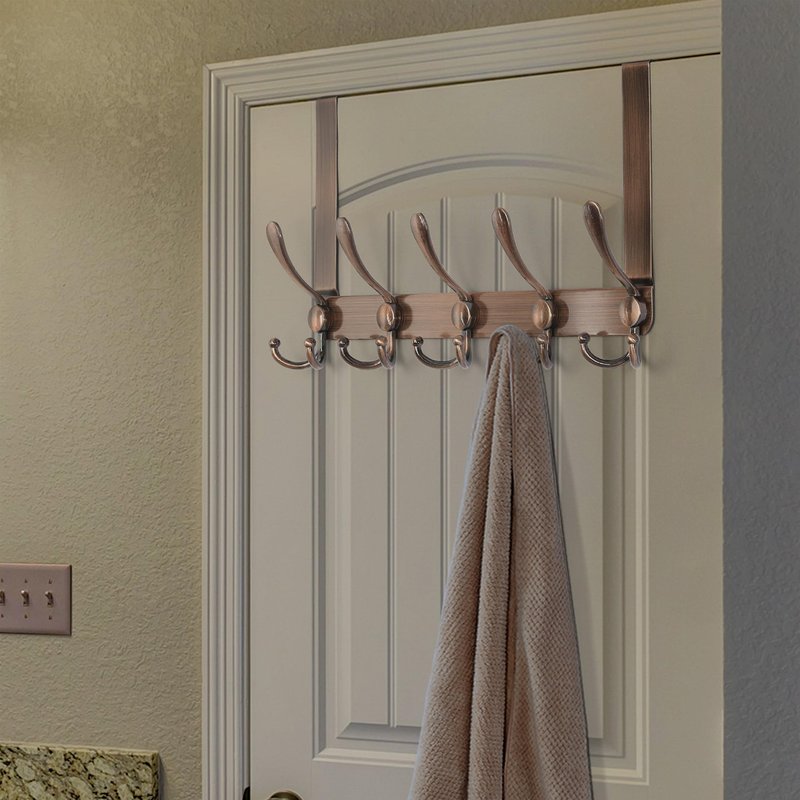 Dseap Over The Door Hook Hanger - Fits 1 3/8" to 1 3/4" Standard Doors | 5 Tri Hooks Heavy Duty Towel/Coat Rack | Door Organizer for Clothes, Jackets, Hats, Towels, Antique Copper, Pack of 2