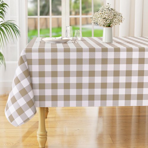 misaya Rectangle Waterproof Vinyl Table Cloth, Buffalo Flannel Backed Tablecloth, Wipeable Plastic Table Cover for Dinner, Cafe, Outdoor (60" x 120", Khaki and White)