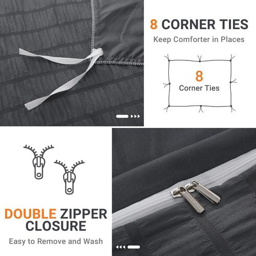 HYMOKEGE Queen Size Duvet Cover Set - Ultra Soft 3-Piece Seersucker Bedding in Dark Grey | Zipper Closure & 8 Corner Ties