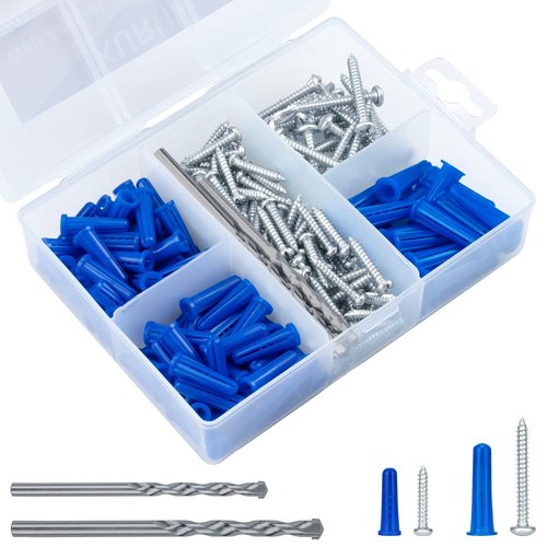 KURUI Wall Anchors & Screws Kit - 200PCs Concrete & Drywall Anchors with Drill Bit | 100 Brick Anchors