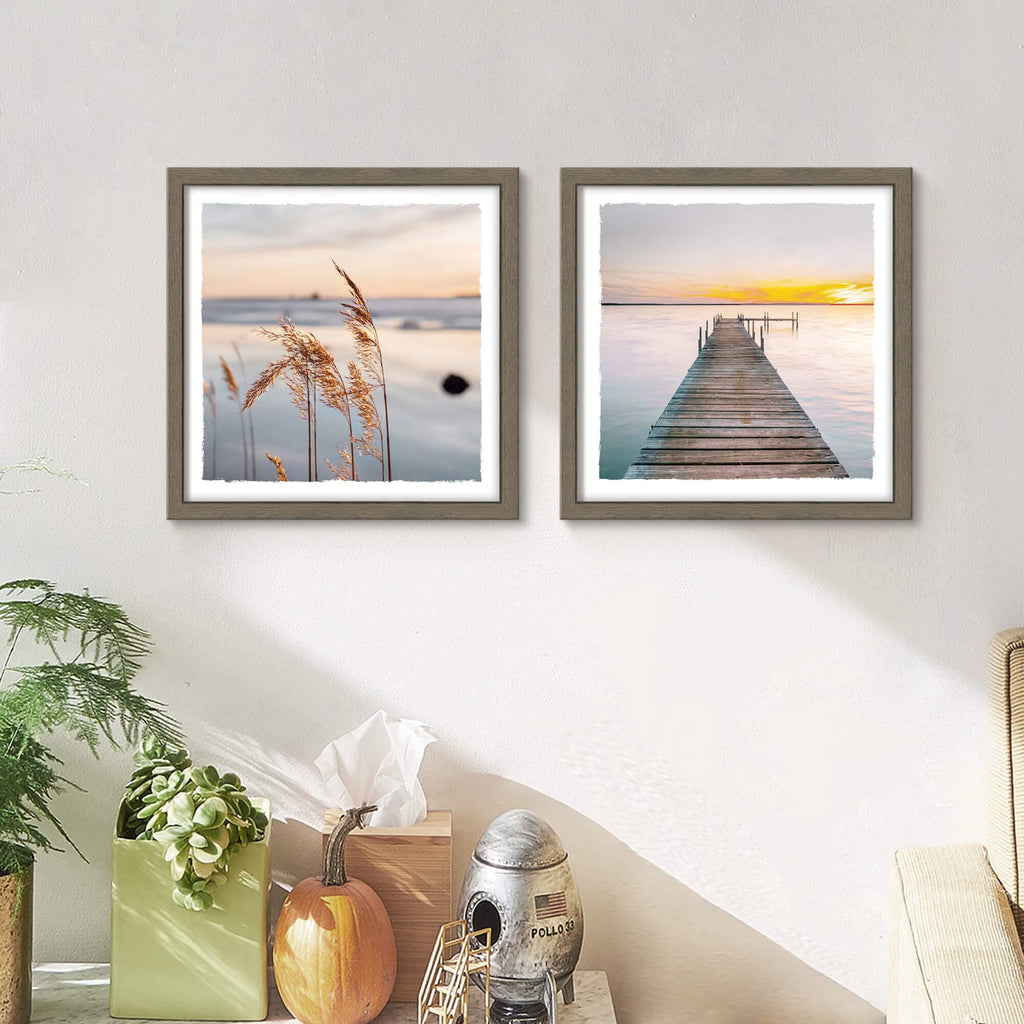 Dock Lake Framed Wall Art: Pier Sunset Sunrise Landscape Reed Scenery Artwork Picture Modern Natural Wilderness Print Painting for Entryway Bedroom Living Room Office