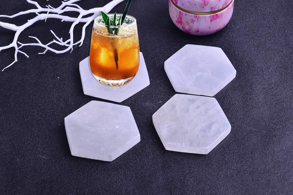 AMOYSTONE 4Pcs Small Hexagon Moroccan Selenite Coasters & Reiki Charging Station Flat Crystal Plate/Tray for Chakra Balance, Crystal Healing