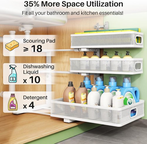 Kitstorack Under Sink Organizer - 3-Tier Height Adjustable Metal Storage Shelf | 2-Pack for Kitchen & Bathroom