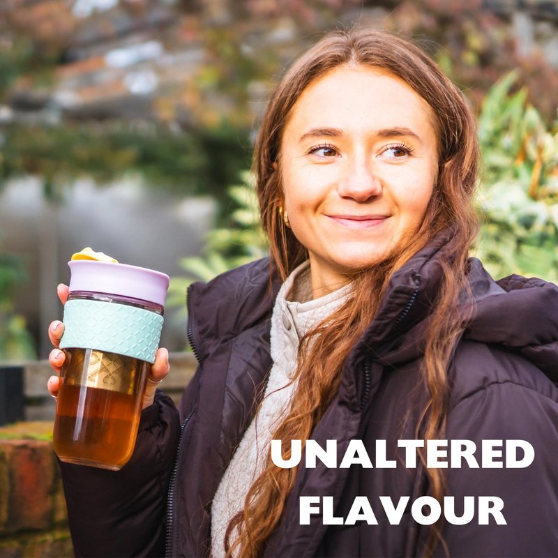 SoleCup. Large Travel Mug Loose Tea Infuser - Detachable Tea Strainer with Spill Proof Lid - 18oz/530ml BPA-Free Reusable Glass Travel Coffee Cup with Silicone Band (Black, 18oz)