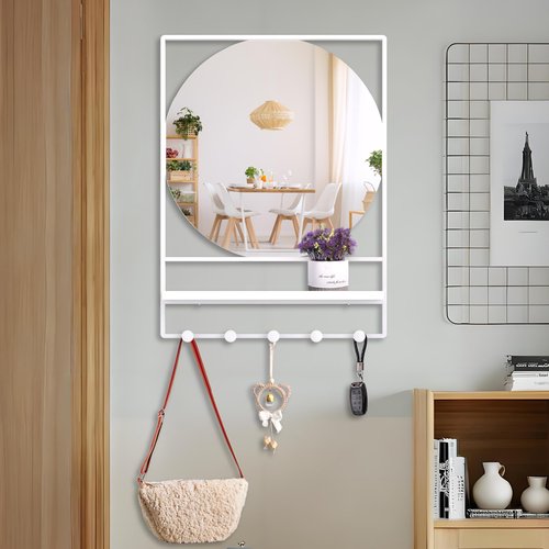 LETSFIELD Bathroom Mirror with Shelf and Hooks 28 x 21 Inch Modern Rectangle Wall Mirror for Bathroom, Metal Framed Bathroom Vanity Mirror for Over Sink, Entrance (White)