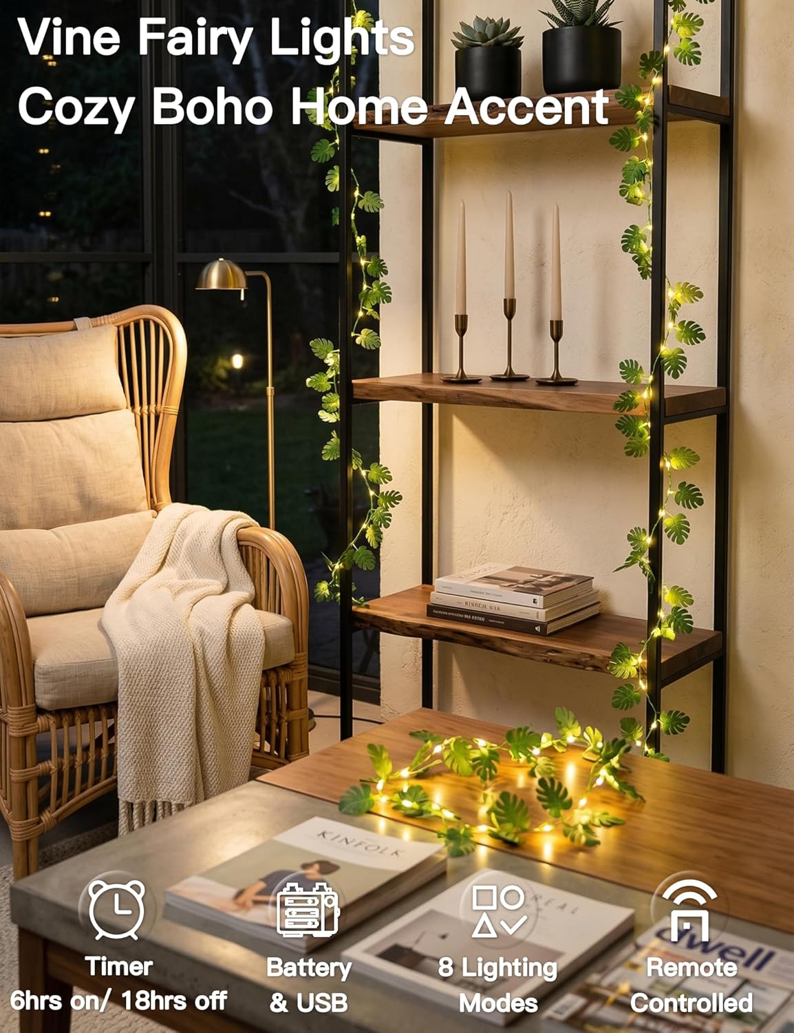 Suddus Fairy Lights - 33ft 100 LED Monstera Leaves String Lights | Battery & USB Powered, Remote Control, Indoor Tropical Decor