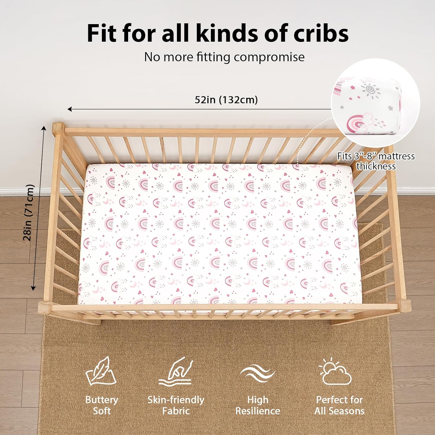 Skiennix Baby Crib Sheets - Super Soft Microfiber Fitted Toddler Bed Sheets | 3 Pack, Pink Rainbow, 52”x28”