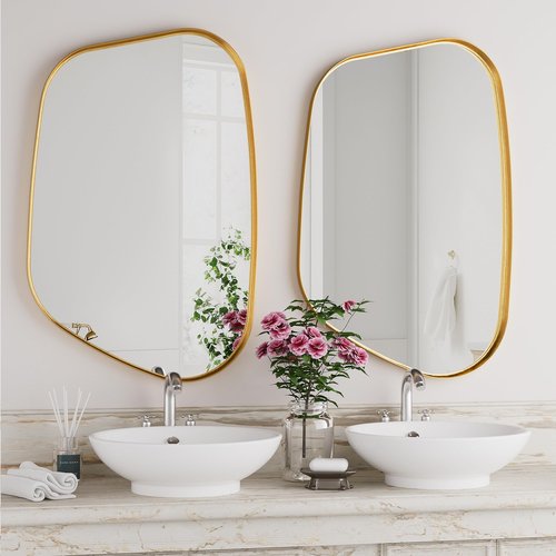 Irregular Wall Mirror 26"x40" Bathroom Mirrors Asymmetrical Artistic Decorative for Living Room Bedroom Bathroom Hallway Entryway,Trapezoid,Gold