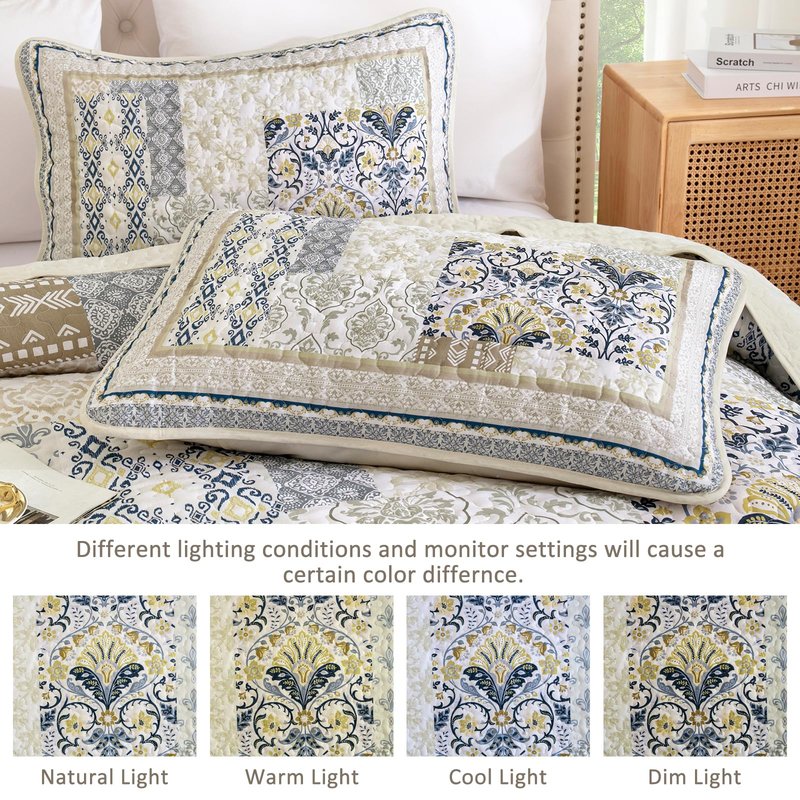 WONGS BEDDING Boho Quilt Set King, 3 Pieces Beige Patchwork Bedspread Coverlet Set,Soft Lightweight Microfiber Bohemian Floral Pattern Bedding Set with 2 Pillowcases for All Season (104"x 90")