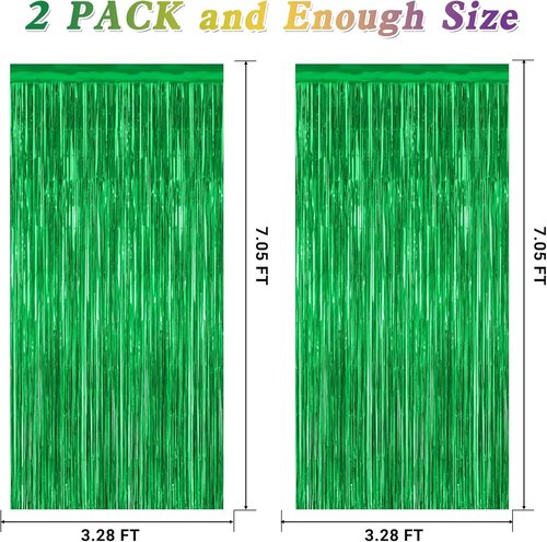 2 Pack Tinsel Backdrop - Green St. Patrick's Day Party Decorations | 3.28FT x 7.05FT Metallic Curtains