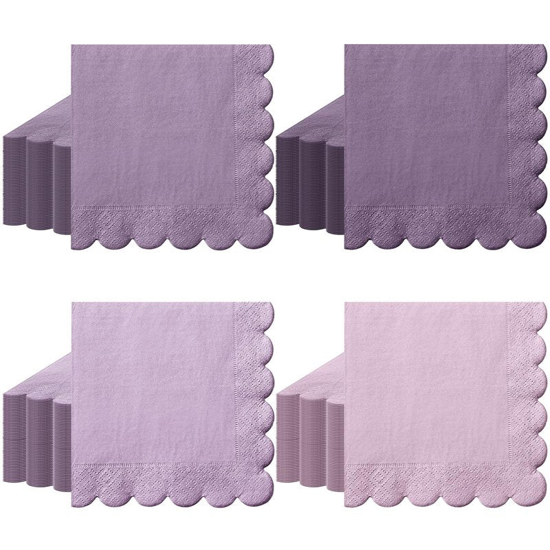 Zhanmai 100 Pack Cocktail Napkins 5 x 5 Inch Scalloped Napkins Beverage Gradient Color Paper with Scalloped Edges Thick Disposable Luncheon for Party Supplies (Purple)