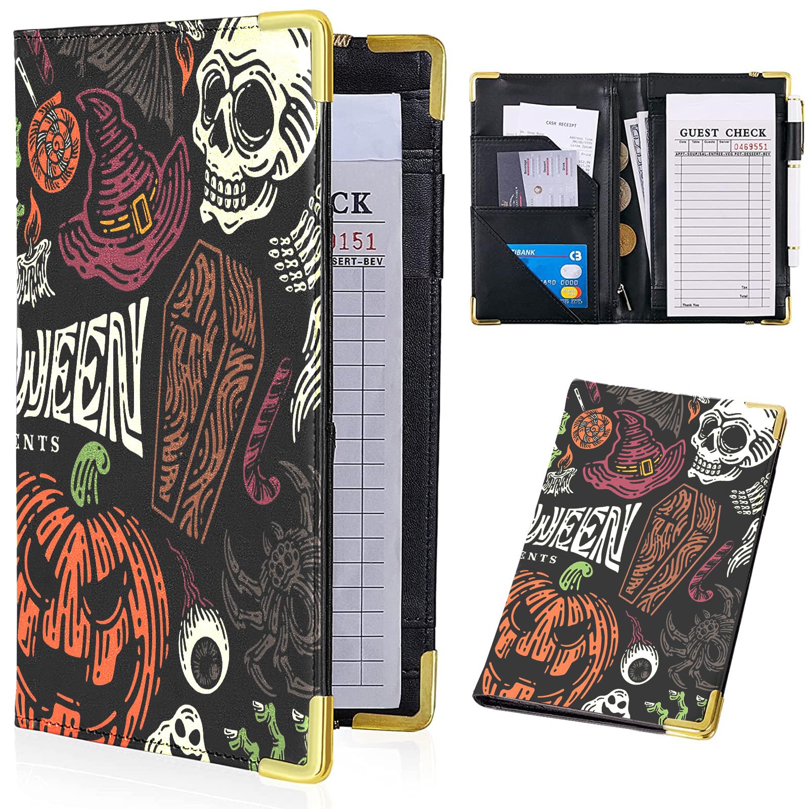Server Books for Waitress - Halloween Print PU Leather Waiter Book Server Wallet with Zipper Pocket, Skull and Pumpkin Print Waitress Book&Waitstaff Organizer with Money Pocket Fit Server Apron