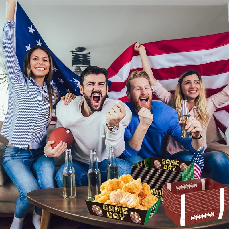 WIQEDOHA Football Party Plates 50Pack Disposable Rectangular Paper Trays Modern Patterned Football Themed Design 7.9 x 5.7 x 1.9" Football Party Supplies