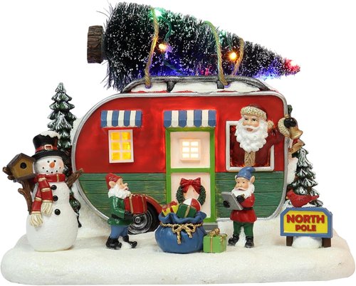 Moments In Time Santa Trailer Christmas Village - Lighted Camper Scene 7.3” with LED Lights & Music