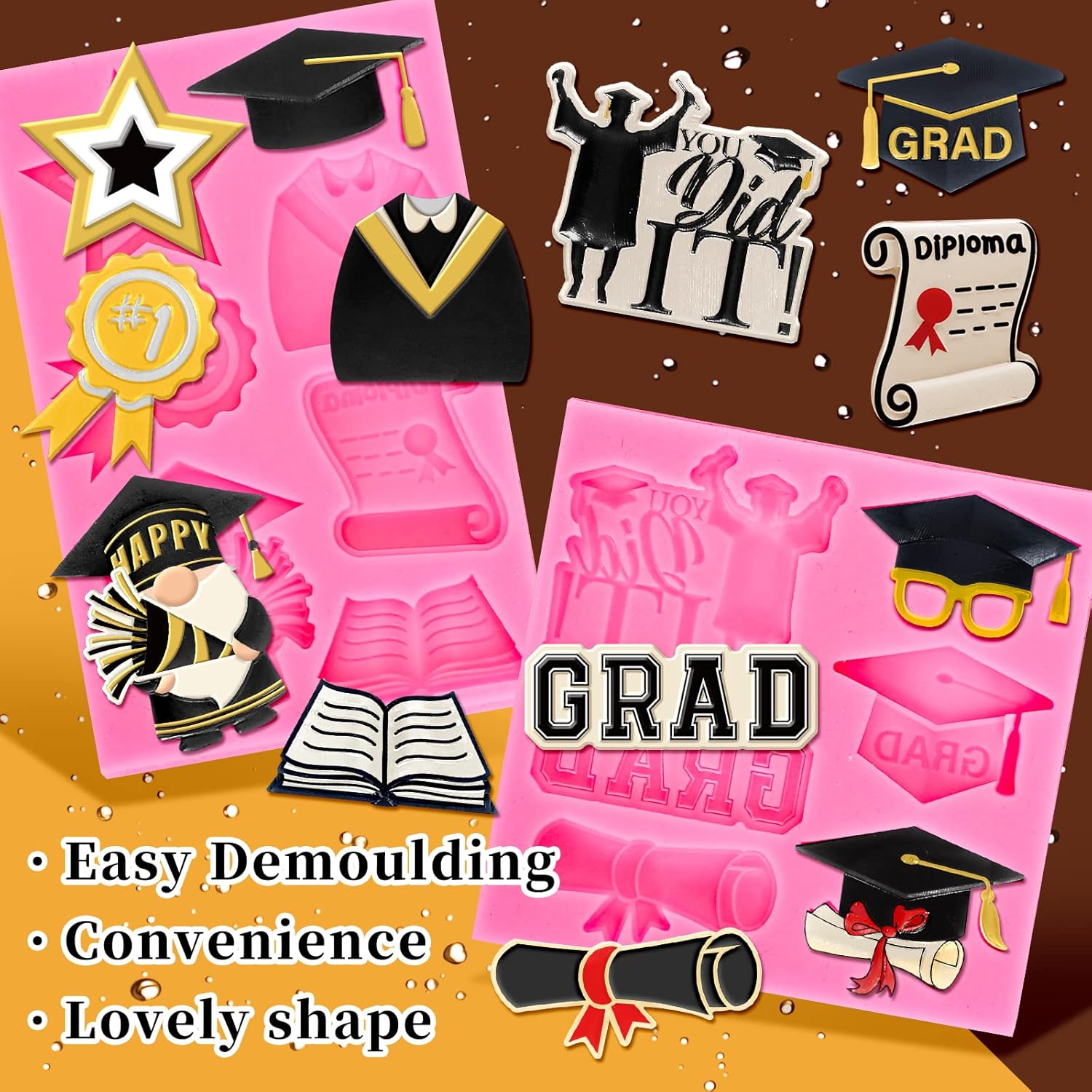 Whaline 2Pcs Graduation Fondant Molds - 3D Silicone Caps & Scrolls for 2026 Party Baking