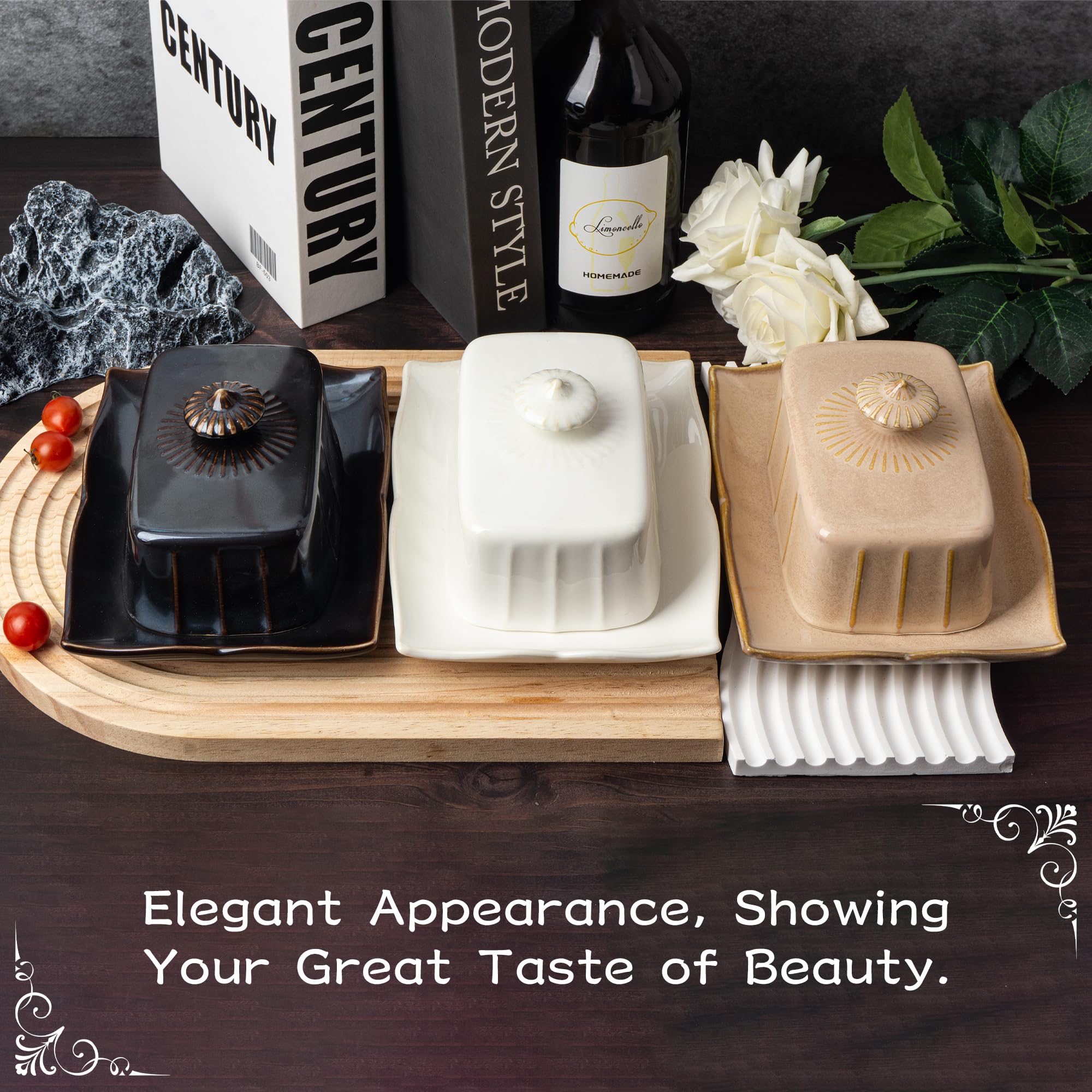 Butter Dish with Lid for Countertop, Large Ceramics Butter Dish Container, 7.5 Inch Butter Holder with Handle, Black