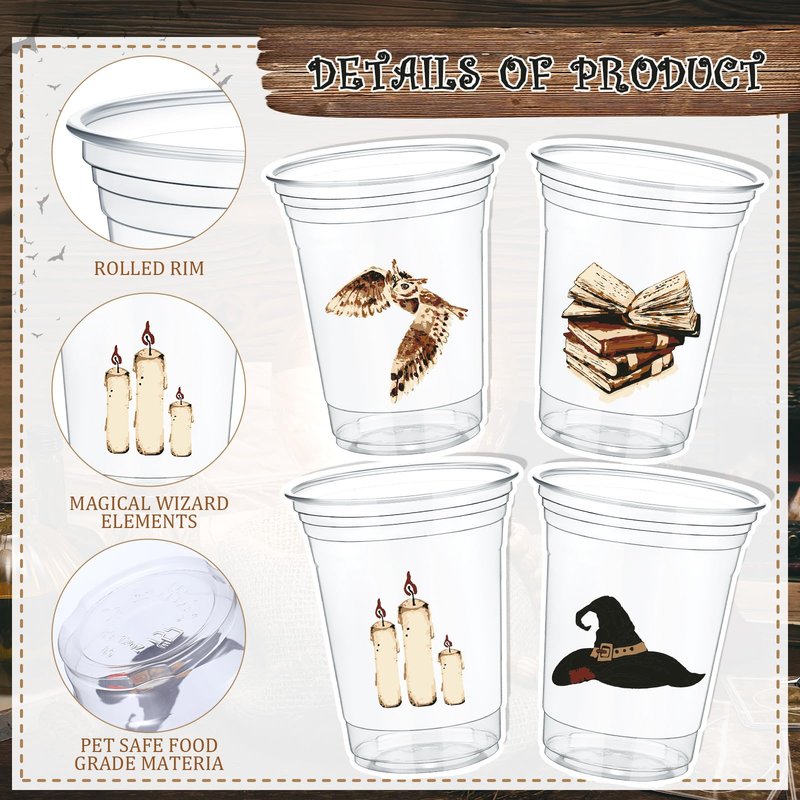 Teenyyou 48 Pcs 12 oz Magical Wizard Plastic Cups Bulk Clear Disposable Plastic Cups for Halloween Birthday Party Supplies