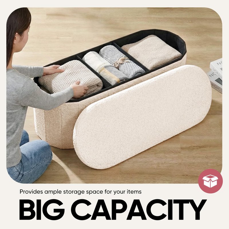 CAIPINFUL 43 Inches Oval Ottoman with Storage, Boucle Sherpa Storage Ottoman Bench, Folding Foot Rest Chest for Bedroom Living Room