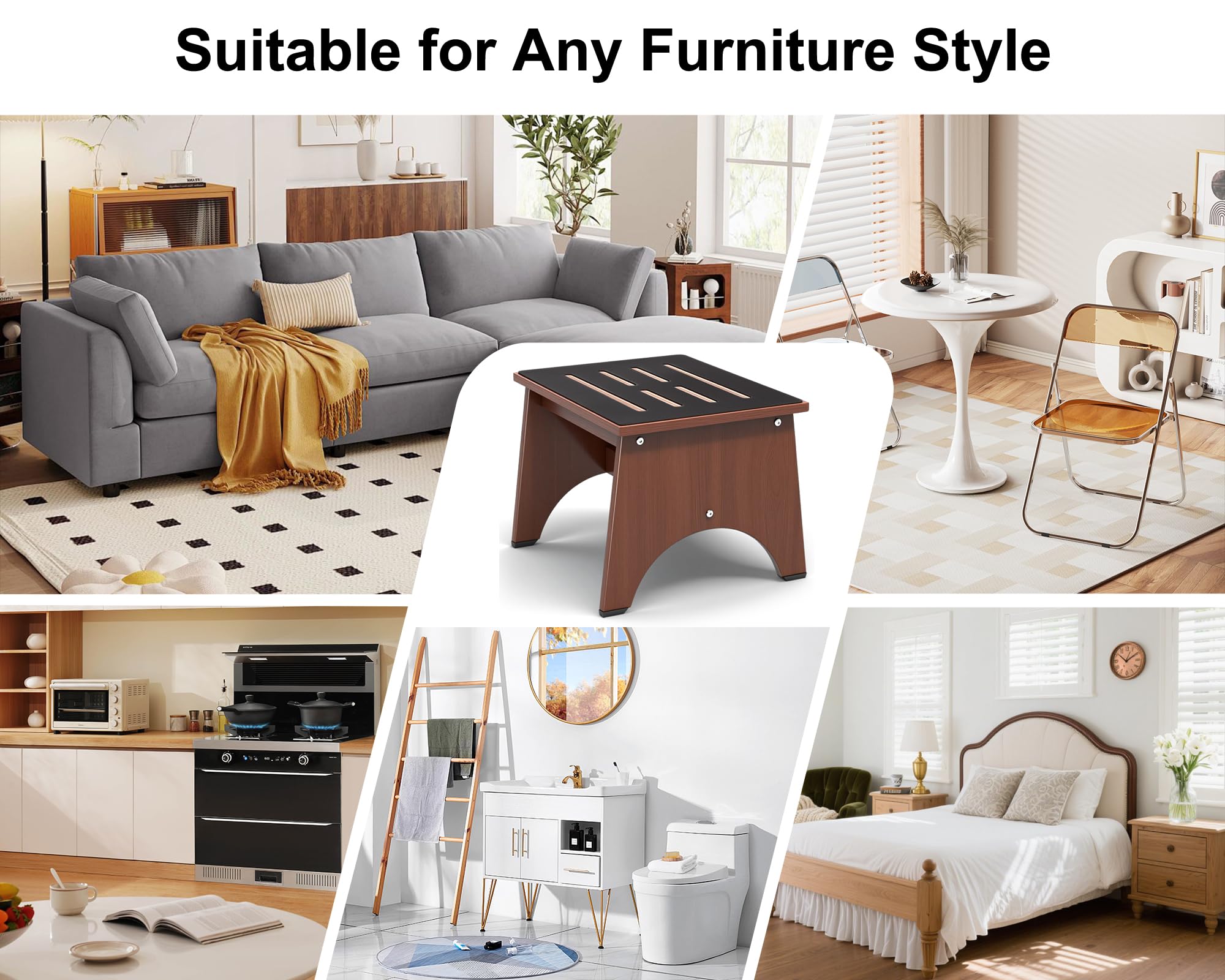 One Step Stool for Adults Seniors with Non-Slip Rubber Stepping Feet, Heavy Duty Wooden Step Stool, Portable Bed Steps for High Beds (Brown, 12 Inch)