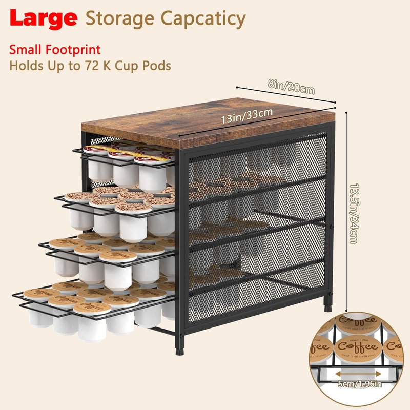 NANANARDOSO Coffee Pod Holder For Counter, 4 Tier Coffee Pod Drawer for Keurig Pod Storage Drawer Holder, 72 Capacity Pods Storage Organizer Cups Capsule with Sliding Baskets for Coffee Station