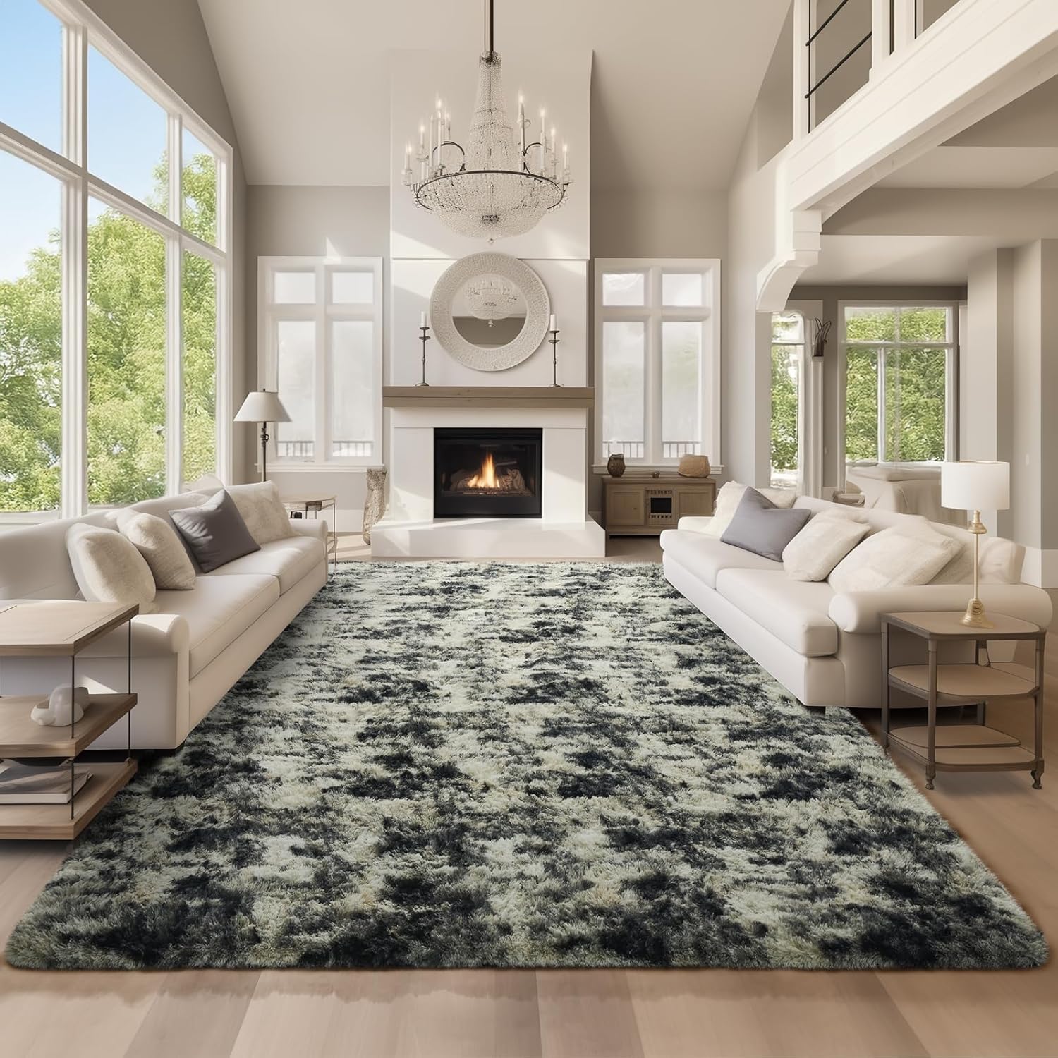 Ophanie Area Rug - Fluffy Black, Gold & Grey Shag Carpet for Living Room | 9x12 Soft Plush Design