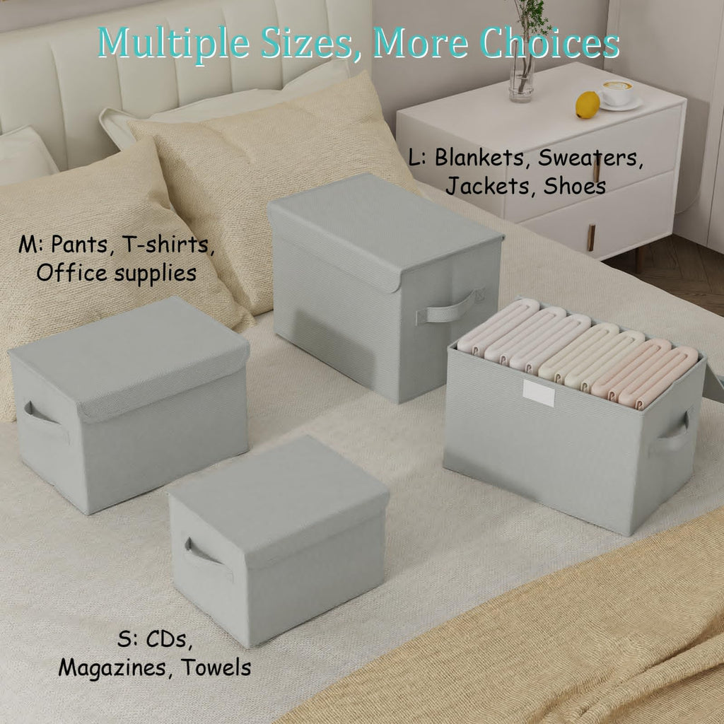 GUOHNHE Storage Bins with Lids for Organizing, Closet Boxes with 2 Carrying Handles and Sturdy Heavy Cardboard, Home Organizers Cubes, 4 Pack, Grey, 15 x 9.8 x 9.8 In, XSNY12GL-4