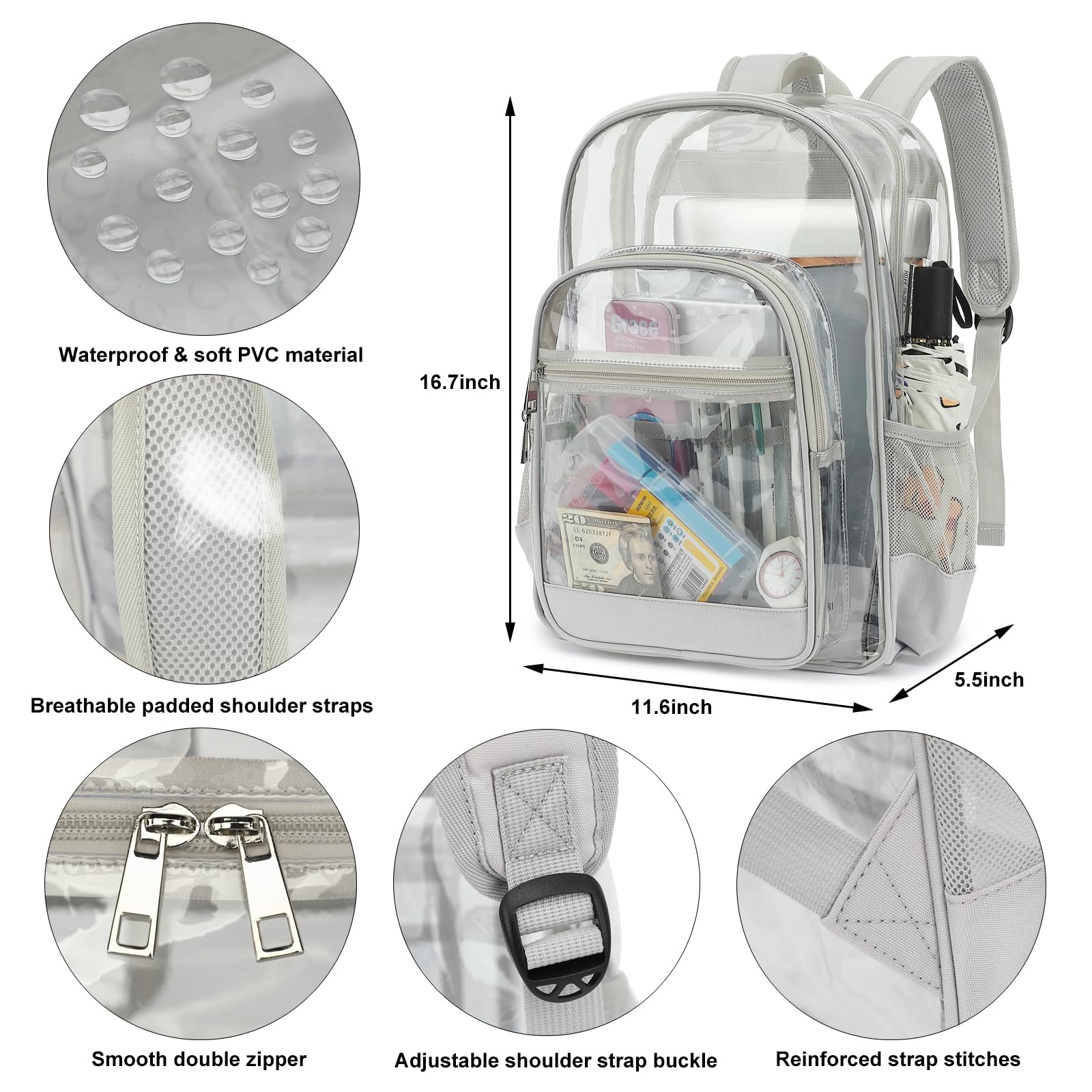 Esfoxes Heavy Duty Clear Backpack, School Backpack College Bookbag PVC See Through Transparent Backpacks (Light Gray)