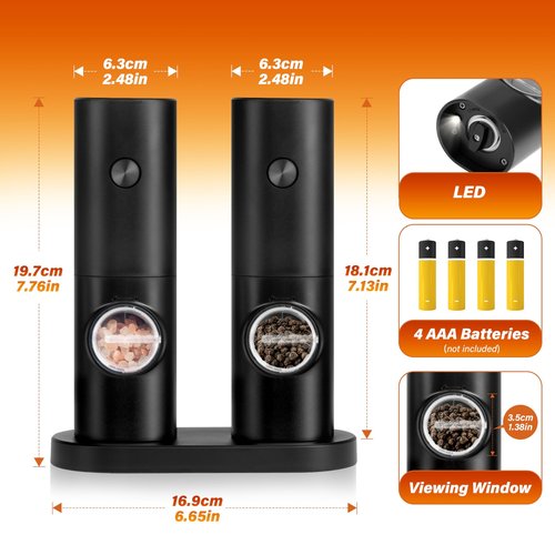 Simple Deluxe Electric Salt and Pepper Grinder Set, One Hand Adjustable Coarseness, Battery Powered, Seasoning Tools for Kitchen, Dining or Gifts, Black