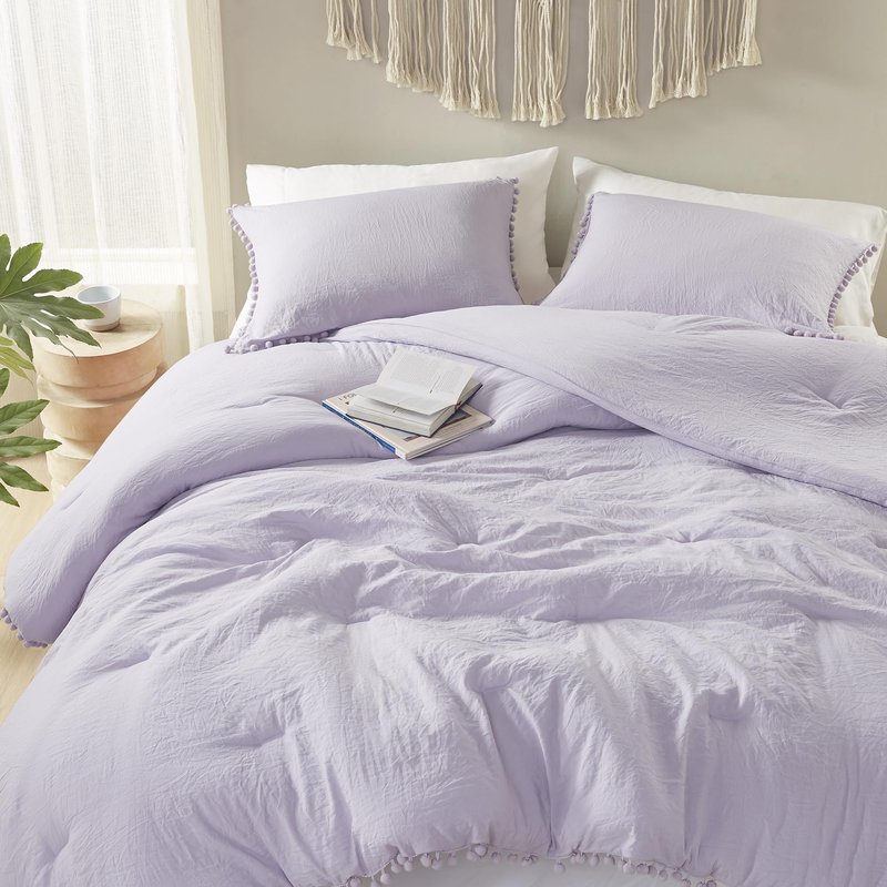 Codi Lavender Purple Boho Twin Comforter Set for Girls, Aesthetic Pom Fringe Design Cute Bedding, Soft Washed Microfiber Bed Sets, Lightweight Chic,1 Comforter & 1 Pillowcase