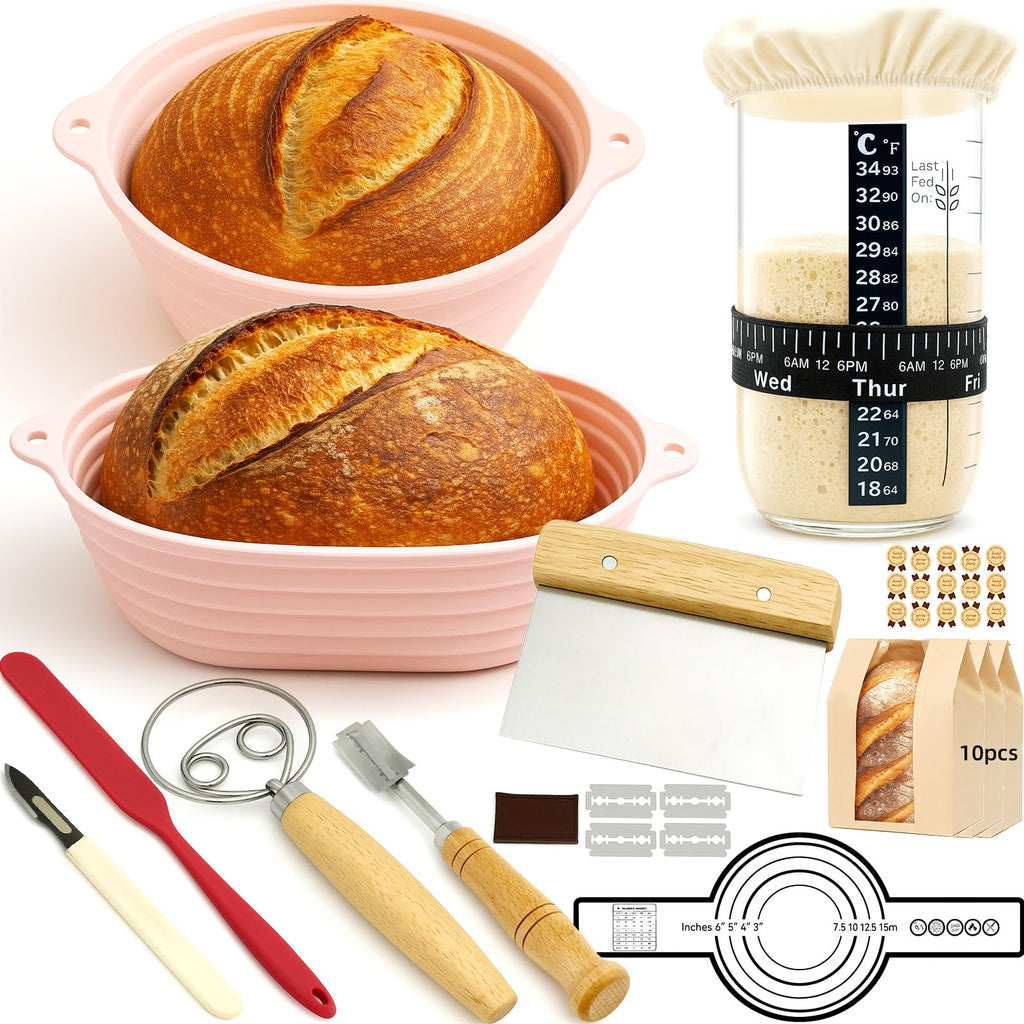 RAYFARMO Sourdough Starter Kit with 2 Silicone Bread Baskets (9" & 11") – Includes Bread Proofing Basket, Jar,Lame, Dough Scraper – Beginner Sourdough Baking Supplies