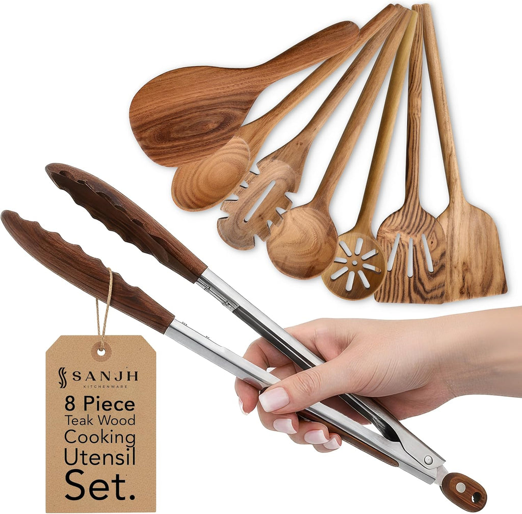 Skiennix 8-Piece Teak Wooden Cooking Spoons Set | Smooth-Sanded Utensils with Comfortable Grip Handles