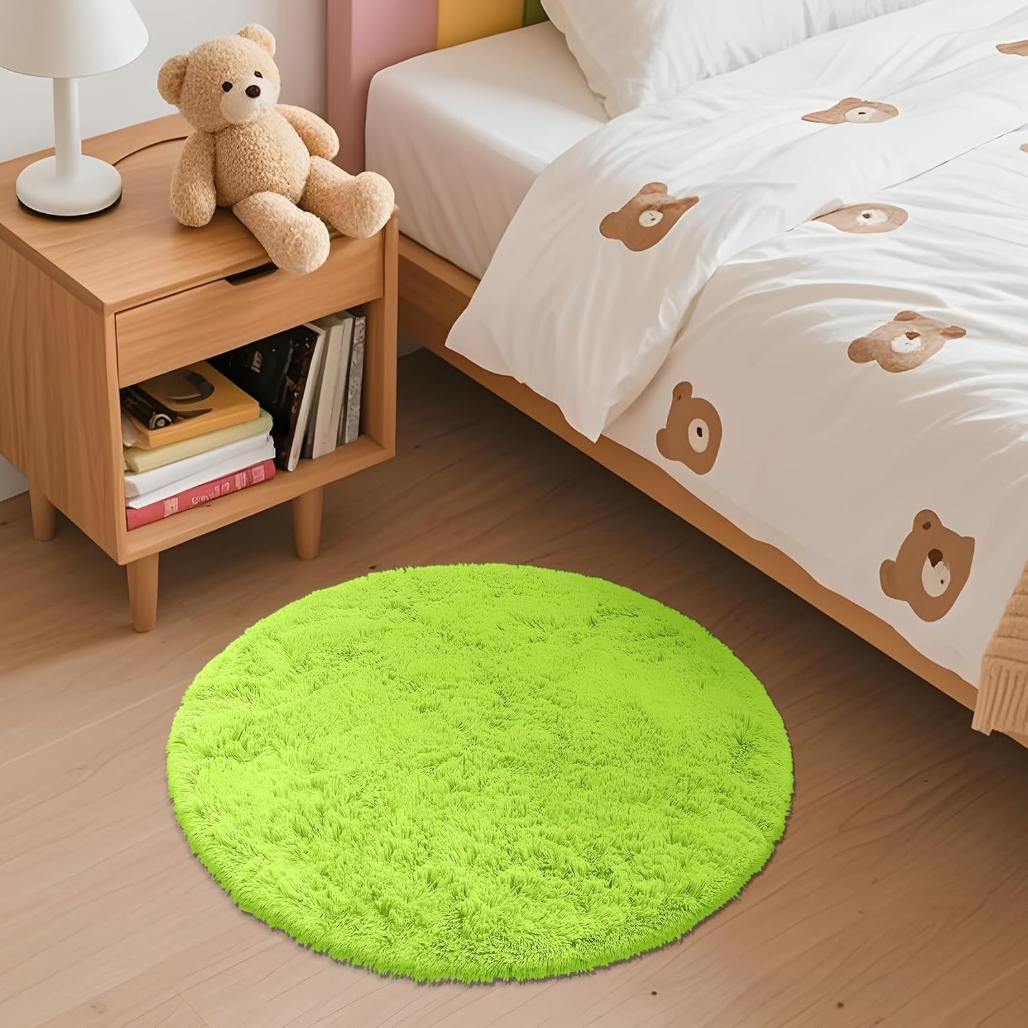 OLANLY Round Lime Green Area Rug - Soft, Fluffy, Machine Washable 2 ft Carpet for Bedroom & Living Room