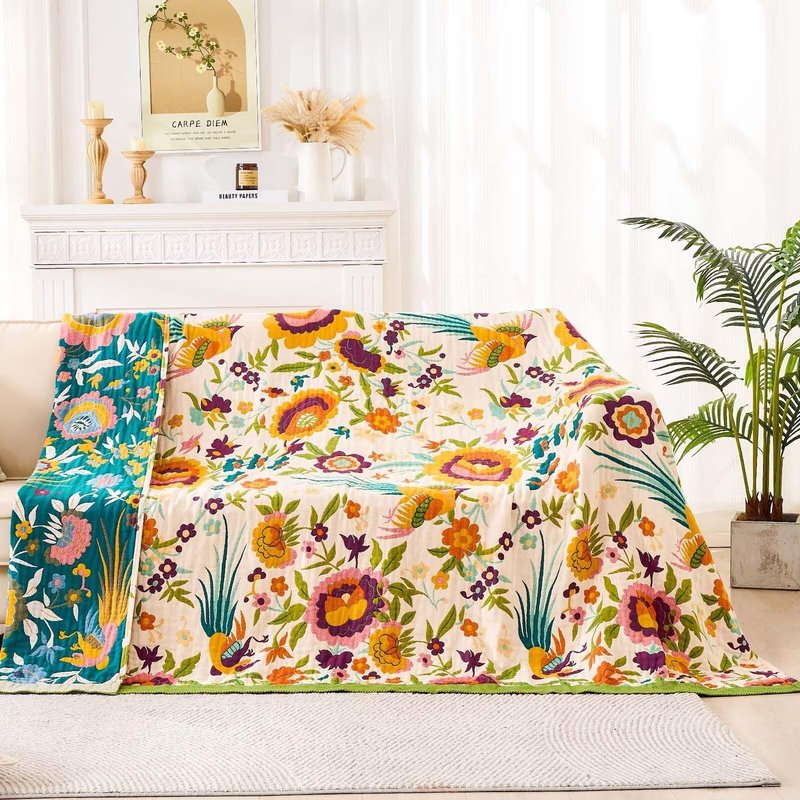XIBLC Boho Throw Blanket for Bed, 100% Cotton Soft Rustic Quilt Fall Blanket, 80" 90" Floral Printed Farmhouse Decor Bed Blankets, All Season Rustic Reversible Bohemian Throw Quilt