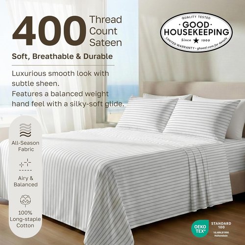 California Design Den Twin XL Bed Sheets Set - 100% Cotton, 400 Thread Count, Smooth Sateen Finish, Cozy Pinstripe Bedding
