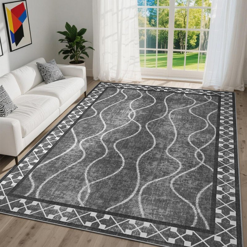 DweIke 5x7 Area Rugs for Living Room, Machine Washable Bordered Rug for Bedroom, Luxury Rubber Backing (Non-Slip) Low Pile Throw Carpet for Dining Room Kitchen Home Decor, Black Grey