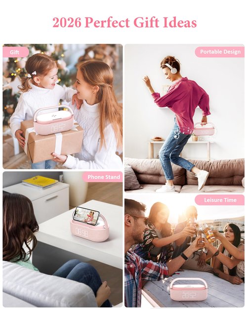 COLSUR Bluetooth Speaker Alarm Clock with Wireless Charger, FM Radio, Adjustable LED Night Light, 6 in 1 Bedroom Portable Speaker 2500mAh, Phone Stand for Bedside, Home, Office, Gift (Pink)