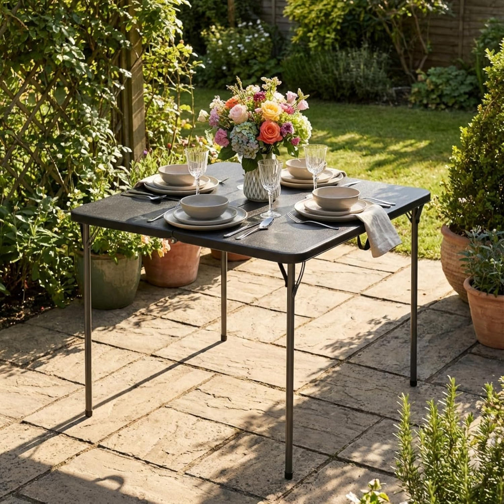 Regine Folding Table - 34" Square Portable Table for 4, 330lbs Capacity, Heavy-Duty Steel Legs, Black