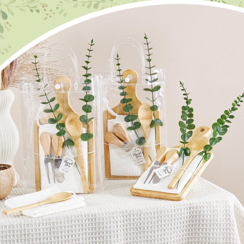 Baby Shower Prizes for Game Winners Bamboo Cheese Board Spoon Fork Butter Spreaders Plaid Towel Thank You Card and Gift Bags for Baby Shower Wedding Bridal Shower Favors (Bamboo, 1 Set)