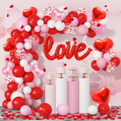 Amandir 263PCS Valentine's Day Balloon Arch Kit - Foil & Latex Heart Balloons in Red, Pink, White