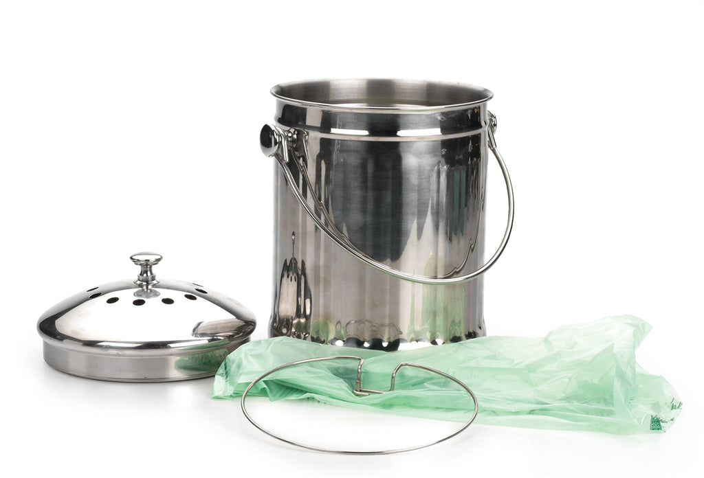 RSVP International Kitchen Collection Compost Pail, Dishwasher Safe, 1 Gallon Capacity, Stainless Steel