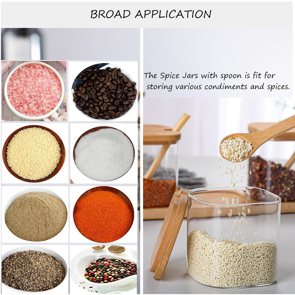 FANTESTICRYAN Glass Condiment Canister Pots with Bamboo Lids and Spoons, Kitchen Condiment Canisters, Set of 2 (Square)